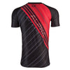 Back of red and black compression t-shirt with diagonal stripes and ALPHA logo text.
