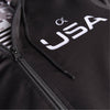 Close up detail of black dye sublimated printed hoodie, zipper, USA, black drawcord.