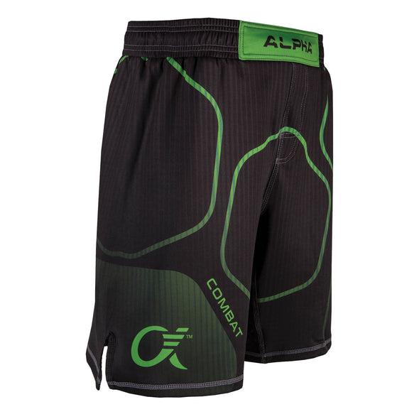 Side of green and black fighter shorts used for wrestling, thin vertical strips, large hexagon pattern, Combat written on right leg.