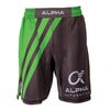 Front of green and grey fighter shorts used for wrestling, hex pattern, thin vertical stripes, large diagonal stripes, Alpha Authentics logo on left leg.
