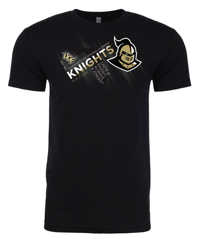 Front of black short sleeve t-shirt with UCF logo, University of Central Florida, Once a Knight, Always a Knight and FLA / USA