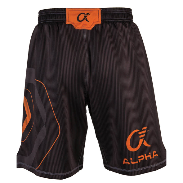 Back of orange and black fighter shorts used for wrestling, thin vertical strips, large hexagon design on left leg, Alpha Authentics logo on right leg.