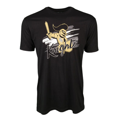Front of black short sleeve t-shirt with Knightro leading a charge with word KNIGHTS.